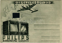 Philips Mindenhova Elrepíti. Irredenta Levelezőlap kitakart Nagymagyarország tréképpel. Tolnai Nyomda / Philips radio advertisement postcard, Hungarian irredenta propaganda with covered up map of the Kingdom of Hungary (EK)