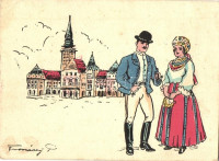 Szabadka, Subotica; Városháza, a vidék népviselete. Kiadja a Délvidéki Egyetemi és Főiskolai Hallgatók Egyesülete / town hall, traditional costumes, folklore, irredenta art postcard + '1939 Budapesti Nemzetközi Vásár' So. Stpl s: