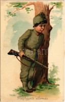 1916 Megfigyelő állomás / WWI German and Austro-Hungarian K.u.K. military, boy in soldier's uniform. litho (EK)