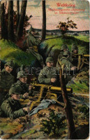 1916 Weltkrieg. Maschinengewehr-Abteilung im Schützengraben / WWI German military art postcard, machine gun unit in the trenches. L&P 1842. + 'K.u.K. Heeresbahn Kommando der Betriebsabteilung IV.' (EB)