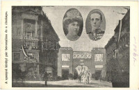 1908 A spanyol királyi pár Budapesten való időzése emlékére. A spanyol királyi pár bevonulása és a díszkapu (Budapest VI. Andrássy út) XIII. Alfonz, Viktória Eugénia / Spanish royal couple's visit in Budapest. Alfonso XIII of Spain