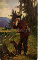 Hunter with rifle and dog (small tear)