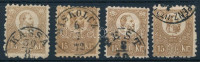 1871 4 db Kőnyomat 15kr, mind betűs típusú: A, C, D, E, szép minőség! (min 116.000)
