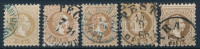 1867 5 db eltérő árnyalatú 15kr, közte 2 db kék bélyegzés