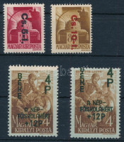 1945-1946 Betűs visszavont bélyegcsomag pár + Béke 4P 2 db bélyeg, az egyiken az alapnyomat, a másikon a felülnyomat eltolódott (min. 16.000)