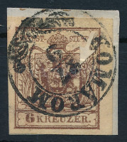 1850 6kr HP III ibolyásbarna bélyeg nagy lemezhibával 'KOMÁROM'