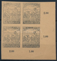 1916 Arató 10f próbanyomat ívsarki négyestömb, vízjel nélküli, enyvezetlen papíron, ívszéli összegző számmal