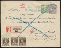 1919 Ajánlott díjjegyes levél díjkiegészítéssel 'MEDGYES' - Nagyszeben, kék román cenzúra bélyegzéssel