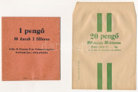 ~1930. 'Kir. M. Pázmány Péter Tudományegyetem' papírzacskó, 50db 2f érme számára üresen, újszerű, kopottas állapotban + ~1930. '20 Pengő, 100 darab 20 Filléres' papírzacskó üresen, újszerű állapotban