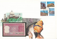 India DN (1985-1990) 2R felbélyegzett borítékban, bélyegzéssel T:I,I- tűzőgép ly.India ND (1985-1990) 2 Rupees in envelope with stamp and cancellation C:UNC,AU stapler holes