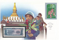 Laosz 1979-1988. 1K felbélyegzett borítékban, bélyegzéssel T:I Laos 1979-1988. 1 Kip in envelope with stamp and cancellation C:UNC