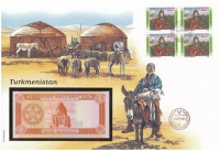 Türkmenisztán 1993. 1M felbélyegzett borítékban, bélyegzéssel T:1 Turkmenistan 1993. 1 Manat in envelope with stamp and cancellation C:UNC