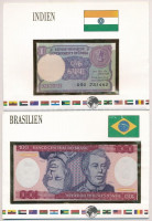 Brazília 1984. 100C + India 1985. 1R, mindkettő bankjegyes borítékban T:IBrazil 1984. 100 Cruzeiros + India 1985. 1 Rupee, both in banknote envelope C:UNC