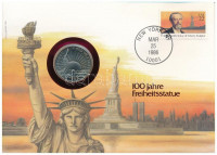 Amerikai Egyesült Államok 1986D 1/2$ Cu-Ni 'Szabadság szobor / Bevándorlók nemzete' forgalomba nem került emlékkiadás felbélyegzett borítékban, bélyegzéssel, német nyelvű leírással T:1USA 1986D 50 Cents Cu-Ni 'Statue of Liberty /