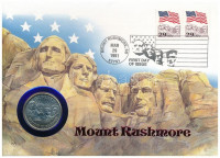 Amerikai Egyesült Államok 1991D 1/2$ Cu-Ni 'Rushmore-hegy' forgalomba nem került emlékkiadás felbélyegzett borítékban, bélyegzéssel, német nyelvű leírással T:1 USA 1991D 50 Cents Cu-Ni 'Mount Rushmore' non-circulating commemorative