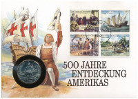 Amerikai Egyesült Államok 1992D 1/2$ Cu-Ni 'Kolombusz Kristóf utazásának 500. évfordulója' forgalomba nem került emlékkiadás felbélyegzett borítékban, bélyegzéssel, német nyelvű leírással T:1 USA 1992D 50 Cents Cu-Ni 'The 500th