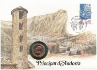 Andorra 1986. 25c felbélyegzett borítékban, bélyegzéssel, német nyelvű leírással T:1 Andorra 1986. 25 Centims in envelope with stamp and cancellation, with german language description C:UNC