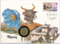 Bhután 1974. 20ch Cu-Al-Ni 'Étel mindenkinek' forgalmi emlékérme felbélyegzett borítékban, bélyegzéssel, német nyelvű leírással T:1- patina, kis karcBhutan 1974. 20 Chetrums Cu-Al-Ni 'Food for All' circulating commemorative coin in
