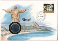 Brazília 1984. 50C acél felbélyegzett borítékban, bélyegzéssel, német nyelvű tájékoztatóval T:1Brasil 1984. 50 Cruzeiros steel in envelope with stamp, cancellation and a prospectus in german C:UNC
