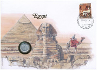 Egyiptom 1984. 5P, felbélyegzett borítékban, bélyegzéssel, német nyelvű leírással T:1,1- Egypt 1984. 5 Piastres in envelope with stamp and cancellation, with German description C:UNC,AU