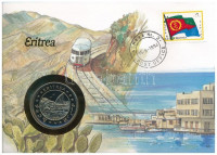 Eritrea 1993. 1$ Cu-Ni 'Függetlenség Napja' forgalomba nem került emlékkiadás felbélyegzett borítékban, bélyegzéssel, német nyelvű leírással T:1 Eritrea 1993. 1 Dollar Cu-Ni 'Independence Day' non-circulating commemorative coin in