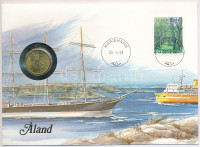 Finnország / Aland 1986. 20p Al-Br felbélyegzett borítékban, bélyegzéssel, német nyelvű leírással T:1 patinaFinland / Aland 1986. 20 Penniä Al-Br in envelope with stamp, cancellation and a prospectus in german C:UNC patina