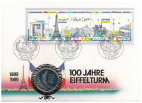 Franciaország 1989. 5Fr Cu-Ni 'Eiffel-torony' fém emlékérem érmés borítékban bélyeggel, bélyegzéssel, német nyelvű leírással T:1 France 1989. 5 Francs Cu-Ni '100th Anniversary of the Eiffel Tower' metal commemorative medallion in