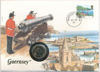 Guernsey 1987. 5p Cu-Ni felbélyegzett borítékban, bélyegzéssel, német nyelvű leírással T:1-Guernsey 1987. 5 Pence Cu-Ni in envelope with stamp, cancellation and a prospectus in german C:AU