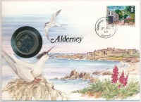 Guernsey / Alderney 1988. 10p Cu-Ni felbélyegzett borítékban, bélyegzéssel, német nyelvű leírással T:1 patinaGuernsey / Alderney 1988. 10 Pence Cu-Ni in envelope with stamp, cancellation and a prospectus in german C:UNC patina