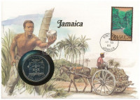 Jamaica 1982. 1$ Cu-Ni 'Labdarúgó Világbajnokság' érme felbélyegzett borítékban, bélyegzéssel, német nyelvű tájékoztatóval T:1- patina, karcJamaica 1982. 1 Dollar Cu-Ni 'World Championship of Football' coin in envelope with stamp,