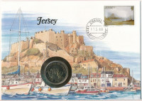 Jersey 1988. 10p Cu-Ni felbélyegzett borítékban, bélyegzéssel, német nyelvű leírással T:1Jersey 1988. 10 Pence Cu-Ni in envelope with stamp, with German description C:UNC