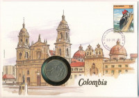 Kolumbia 1982. 10P Ni felbélyegzett borítékban, bélyegzéssel, német nyelvű tájékoztatóval T:2 patinaColombia 1982. 10 Pesos Ni in envelope with stamp, cancellation and a prospectus in german C:XF patina