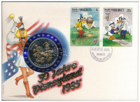 Maldív-szigetek 1985. 'Disneyland 30. évfordulója' fém emlékérem felbélyegzett borítékon, alkalmi bélyegzéssel, német nyelvű leírással T:1- patinaMaldives 1985. '30th Anniversary of Disneyland' metal medallion in envelope with