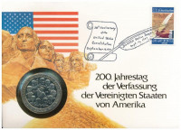 Man-sziget 1987. 1C Cu-Ni '200 éves az Egyesült Államok Alkotmánya' forgalomba nem került emlékkiadás felbélyegzett borítékban, bélyegzéssel, német nyelvű leírással T:1 patinaIsle of Man 1987. 1 Crown Cu-Ni 'Bicentenary of the