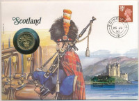 Nagy-Britannia 1989. 1P 'Skócia' felbélyegzett borítékban, bélyegzéssel, német nyelvű leírással T:1 Great Britain 1989. 1 Pound in 'Scotland' envelope with stamp and cancellation, with German description C:UNC