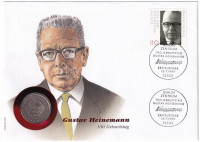 Német Szövetségi Köztársaság 1974J 2M Cu-Ni 'Konrad Adenauer', 'Gustav Heinemann' érmés borítékban, elsőnapi bélyegzéses bélyeggel, német nyelvű leírással T:2 Federal Republic of Germany 1974J 2 Mark Cu-Ni 'Konrad Adenauer', in