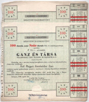Budapest 1946. 'Ganz és Társa Villamossági, Gép, Waggon- és Hajógyár R. T.' névre szóló részvényelismervénye 1db 25P névértékű és 100db 25P értékű részvényről (2x), mindegyik szárazpecséttel, bélyegzéssel és