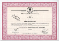 Debrecen 1995. 'Debreceni Hús Részvénytársaság' törzsrészvénye összesen 10.000Ft-ról, szelvényekkel, 'MINTA' felülbélyegzéssel + Budapest 2017. 'BLUE Faktor Pénzügyi Szolgáltató Részvénytársaság' kötvénye 50.000.000Ft-ról,