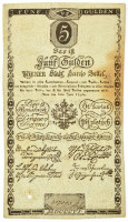 1806. 5G 'Bécsi városi bankócédula' vízjeles papíron, '327093' T:III kis szakadás, folt, lyukHabsburg Monarchy 1806. 5 Gulden 'Wiener-Stadt Banco-Zettel' on watermarked paper, '327093' C:F small tear, spotted, holeAdamo G39