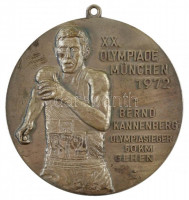 Németország 1977. 'XX. Olimpia, München, 1972. - Bernd Kannenberg - az 50km-es gyaloglás olimpiai bajnoka' kétoldalas, ezüstözött, festett bronz emlékérem füllel (80mm) T:2 kopott ezüstözés, phGermany 1977. 'XX. Olympia, Munich,
