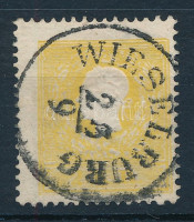 1858 2kr II. tipus sötétsárga mindkét irányban elfogazva, szögfej benyomattal 'WIESELBURG'