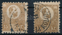 1871 2 db Kőnyomat 15kr: sárgásbarna képbe fogazva sign: Zenker és barna, mindkettő javított fogazással (64.000)