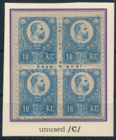 1871 Réznyomat 10kr négyestömb eredeti gumival, világoskékbe hajló színben, 57-58 / 67-68 ívhelyekkel, a jobb felső sarok pótlással / repaired the upper right corner. Certificate: Visnyovszki