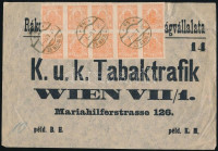 1912 Addresszettel Bécsbe Hírlapbélyeg tízes tömbbel bérmentesítve, nagy összefüggés küldeményen R!