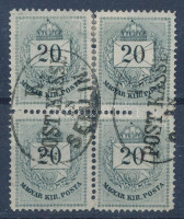 1874 20kr négyestömb 13-as fogazással, Gudlinban nem szereplő 'K. / POST-KASSE / IN / SEMLIN' bélyegzéssel