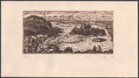 Weisz Zsuzsa (1925-2017): Tokaj. Rézkarc, papír, jelzett, lap széle körbevágva, 10×20 cm. Magyar borvidékek c. mappából.