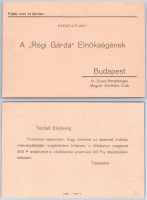 A „Régi Gárda” Elnökségének postatiszta, kitöltetlen nyomtatvány levelezőlapja a clubház 500 koronás alapítványi támogatására való bejelentkezésre.