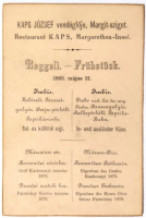 Kaps József vendéglő, Margitsziget, kétnyelvű reggeli menükártyája.