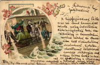 1899 (Vorläufer) Gruss... Art postcard with seasick, vomiting passengers on board of a steamship, humour. O.Z.M. No. 21. Art Nouveau, floral, litho (r)