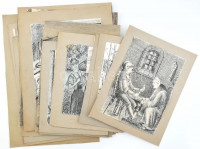 Carl W. Luckscheiter (?-?), működött 1930 körül Dél-Németországban: 20 db humoros, groteszk, karikatúraszerű rajz. Tus, papír, mind jelzett. Részben kartonra kasírozva. Helyenként foltos és kissé sérült. 25×17 és 46x34 cm